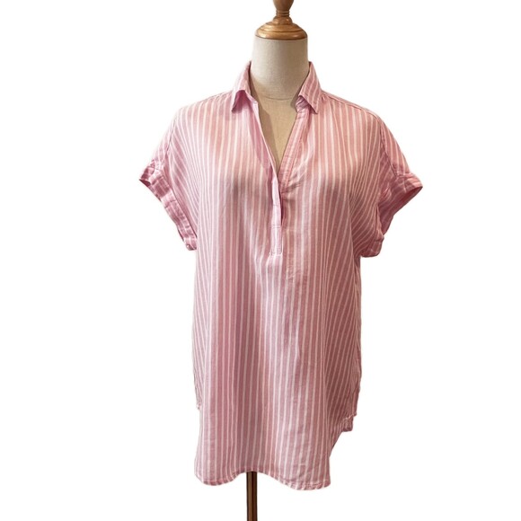 Lola River Pink White Striped Miley Popover Top Carnation Small Linen Blend - Picture 1 of 7